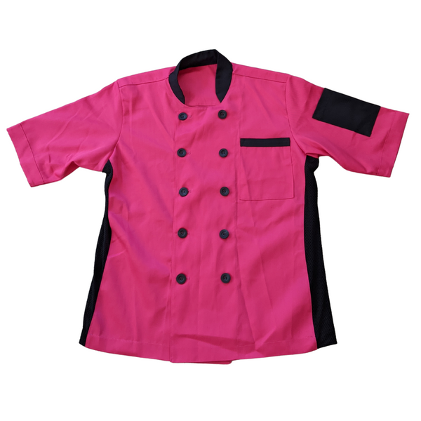 Ladies' Chef Jacket - Pink with Black, heart shaped sleeve pocket